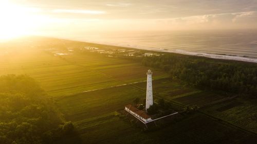 High angle view of field against sky during sunset