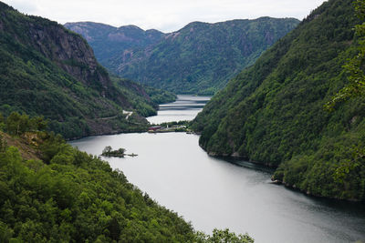 Scenic view of river amidst mountains