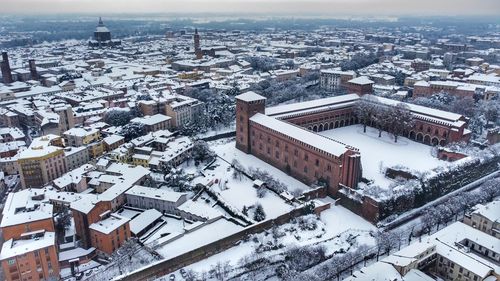 High angle view of townscape against sky during winter