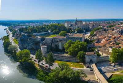 High angle view of buildings against clear sky