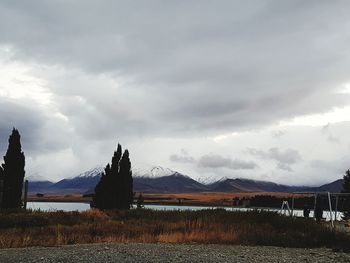 Scenic view of lake against cloudy sky