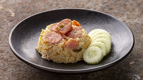 High angle view of food in plate on table
