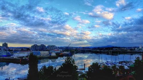 View of river against cloudy sky at sunset