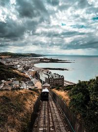 High angle view of train against sky