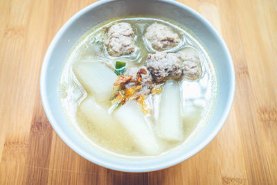 High angle view of soup in bowl on table