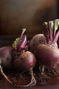 Close-up of beetroots on table against wall