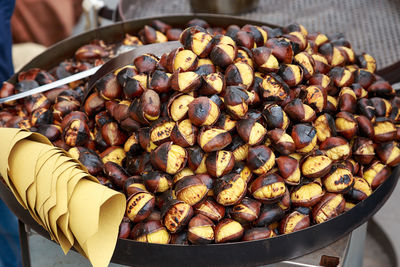 High angle view of chestnuts in container