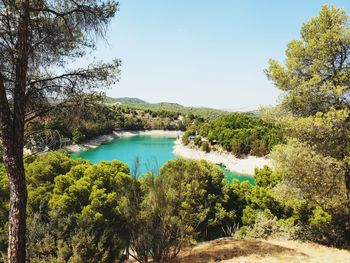 Scenic view of lake against clear sky