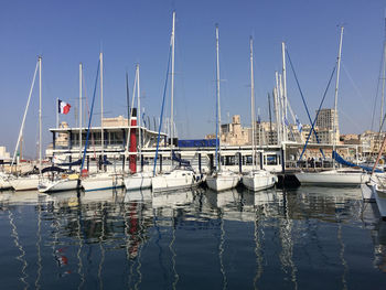 Sailboats moored in harbor