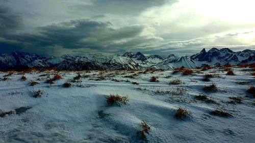 Scenic view of snowcapped mountains against sky