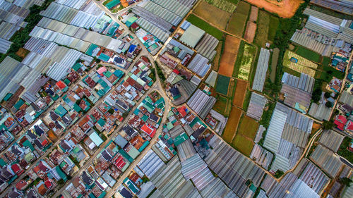 High angle view of city buildings