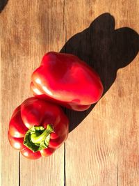 High angle view of red bell peppers on table