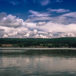 Scenic view of lake against cloudy sky