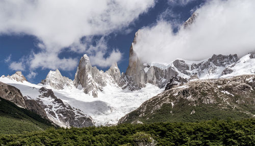 Panoramic view of snowcapped mountains against sky