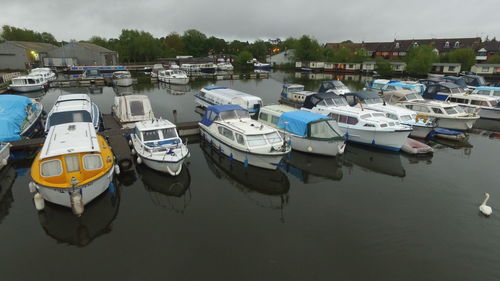 Boats moored in river against sky