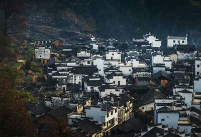 High angle view of houses in town