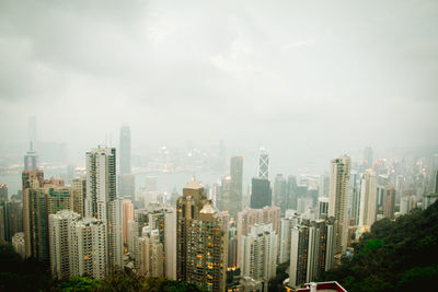 Aerial view of buildings in city against sky