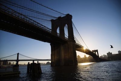 Silhouette of suspension bridge over river