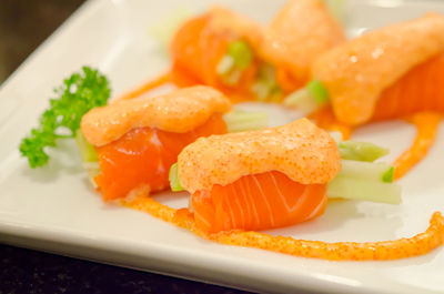 High angle view of food in plate on table