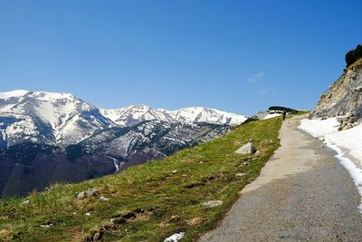 Scenic view of snowcapped mountains against clear blue sky