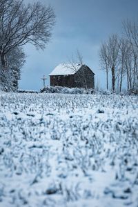 House on snow covered field