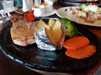 High angle view of food in plate