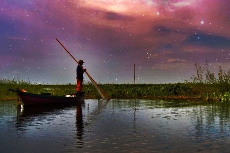 water, waterfront, lake, sky, nautical vessel, tranquility, leisure activity, tranquil scene, nature, lifestyles, boat, cloud - sky, reflection, men, transportation, scenics, fishing, beauty in nature