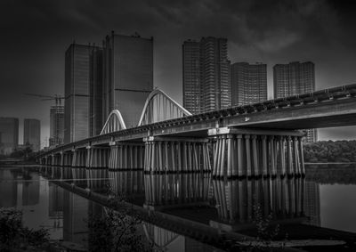 Bridge over river by buildings against sky in city