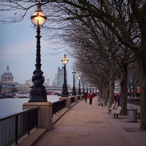 Lamp posts by footpath in city at dusk