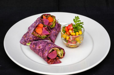 High angle view of food served on table