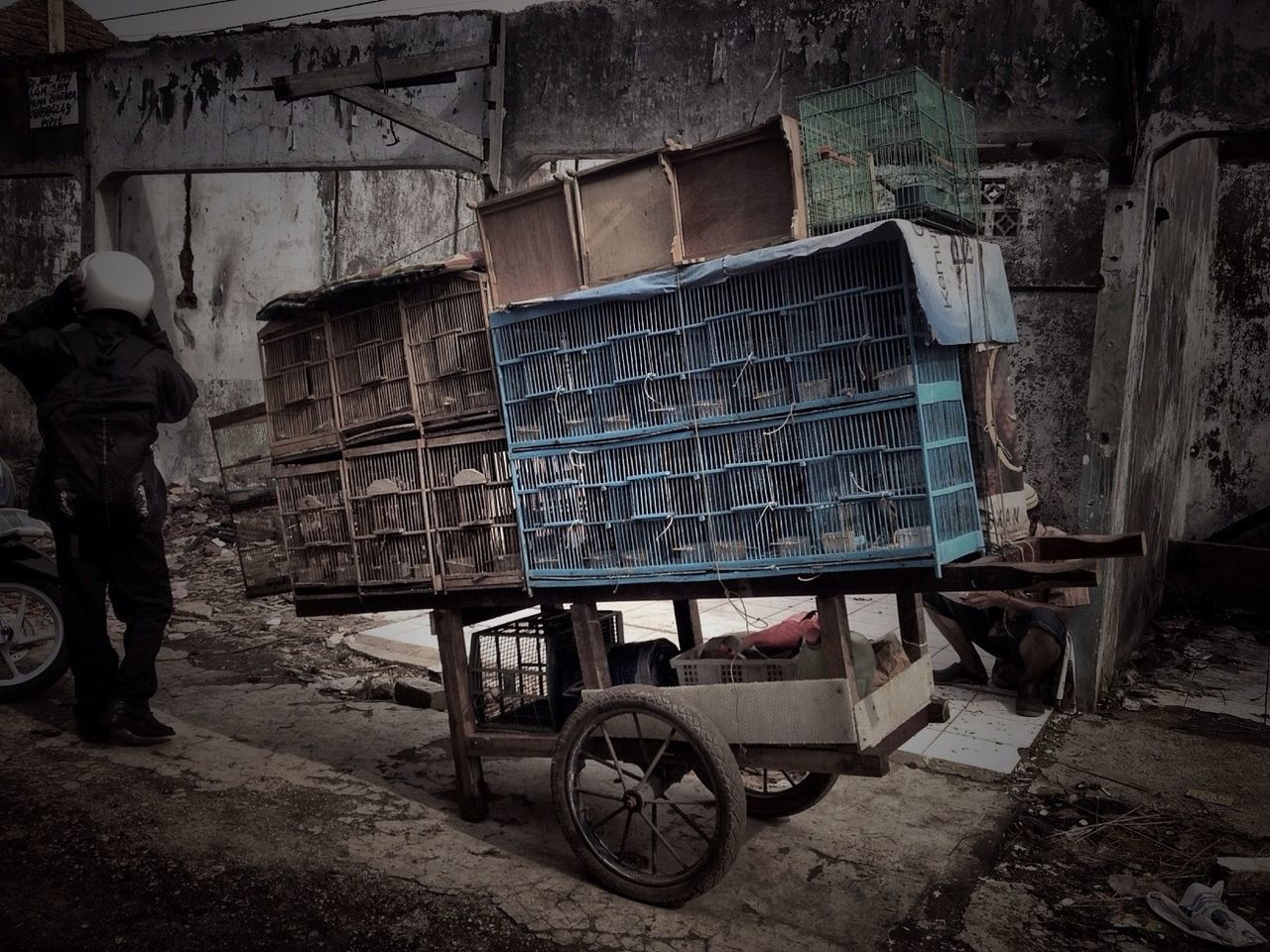 transportation, abandoned, mode of transport, obsolete, land vehicle, stationary, damaged, built structure, architecture, parked, run-down, old, deterioration, bicycle, building exterior, parking, cart, day, absence, house