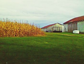 Barn on grassy field against cloudy sky