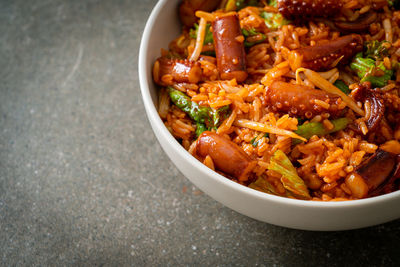 High angle view of noodles in bowl on table