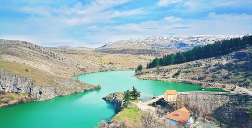 High angle view of lake against sky