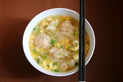 High angle view of soup in bowl