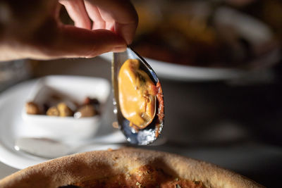 Cropped hand of person holding food in spoon