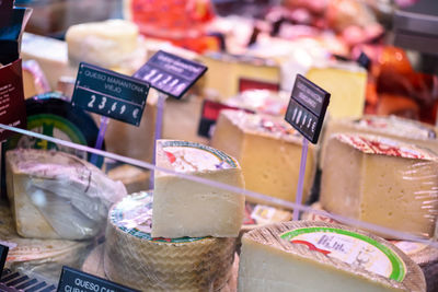 High angle view of cheese for sale