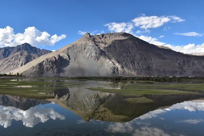 Scenic view of lake by mountains against sky. reflection of himalayan mountains in river. ladakh 