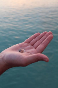 Close-up of hand holding sea against blurred background