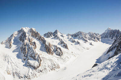 Scenic view of snowcapped mountains against clear blue sky