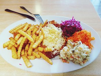 High angle view of food in plate on table