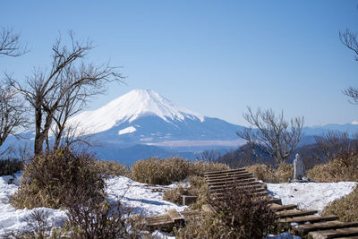 Scenic view of snowcapped mountains against clear sky