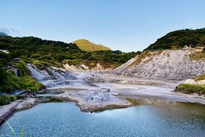 Scenic view of waterfall against clear sky