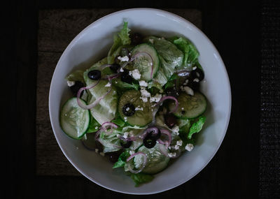 High angle view of salad in bowl on table