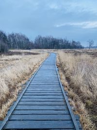 Boardwalk on field against sky