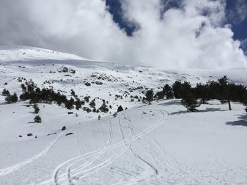 Scenic view of snow covered mountains against sky