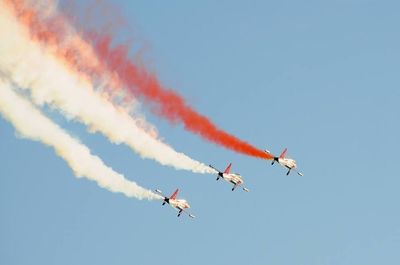 Low angle view of helicopter flying in sky