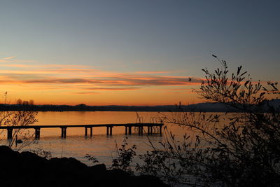 Silhouette plants by lake against sky during sunset