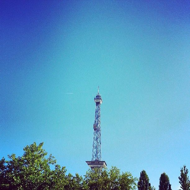 clear sky, low angle view, blue, copy space, tree, tall - high, tower, communications tower, built structure, communication, architecture, outdoors, day, technology, no people, amusement park, metal, sky, nature, tall