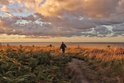 Woman on sea shore against sky during sunset